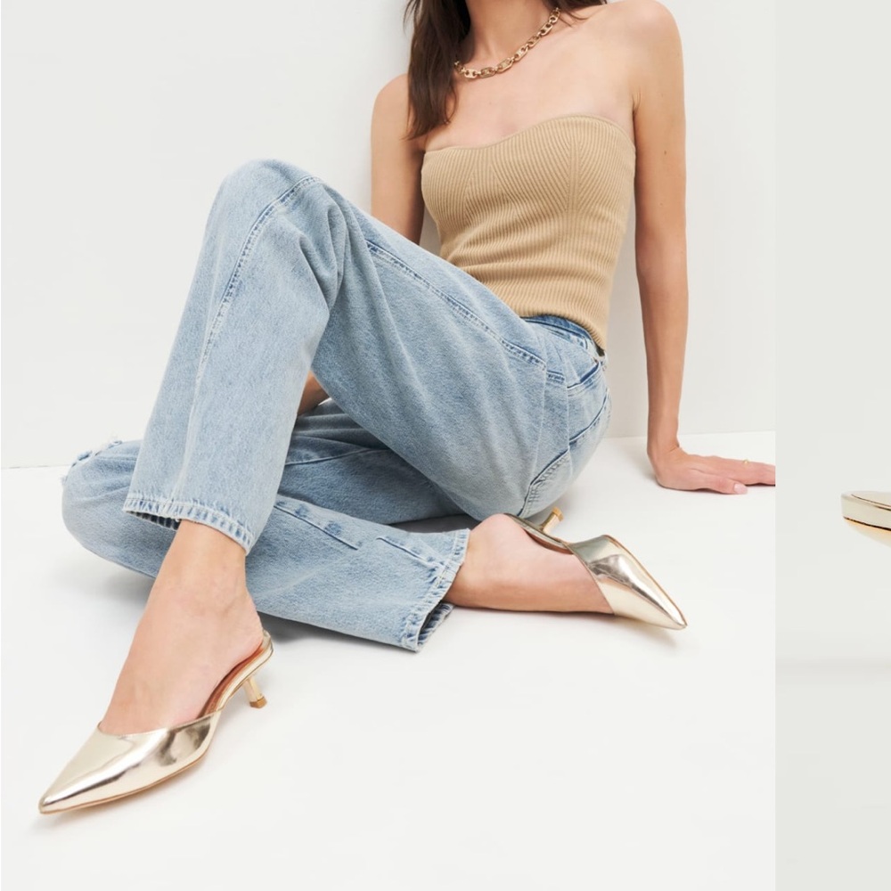 Reformation Metallic Gold Pointed-Toe Kitten Heel Mules